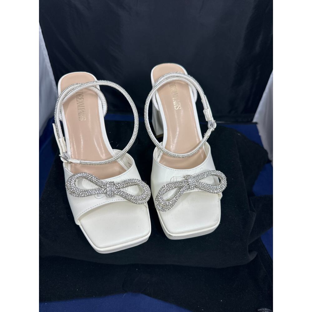 Dream Pairs White Rhinestone Bow Heels Size 9.5 Bridal Glam Party Shoes